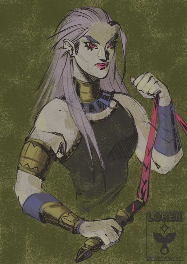 Megaera on a green background holding her whip.